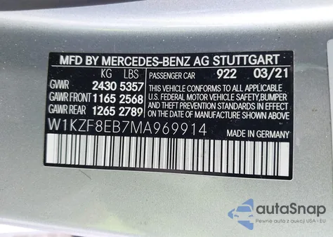 2021 Mercedes-Benz E 350 4Matic z USA, uszkodzony, nr VIN W1KZF8EB7MA969914